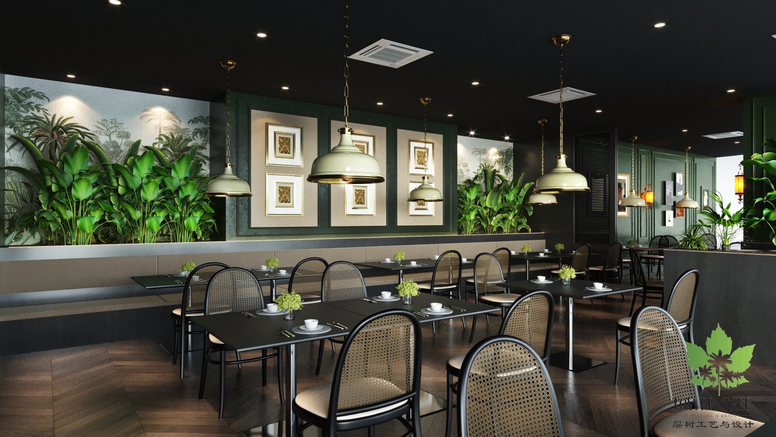 Luxury garden-themed restaurant interior featuring integrated planter box partitions, rattan dining chairs, and custom wall wainscoting crafted by Tower Tree Renovation in Johor.