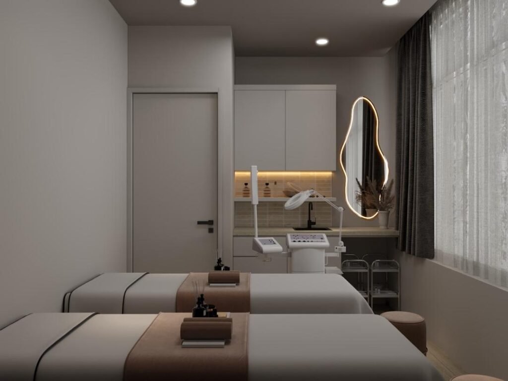 Commercial beauty salon interior renovation and custom carpentry fit-out crafted by Tower Tree Renovation for Carino Home Style Beauty in Austin Crest, Johor.