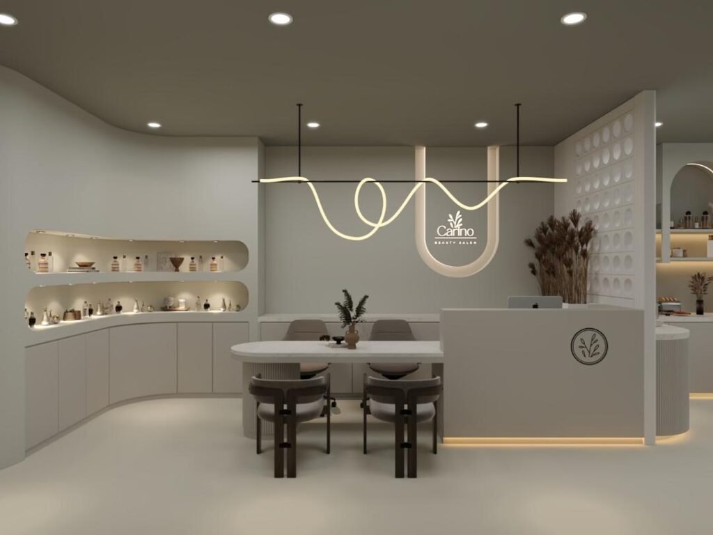 Commercial beauty salon interior renovation and custom carpentry fit-out crafted by Tower Tree Renovation for Carino Home Style Beauty in Austin Crest, Johor.