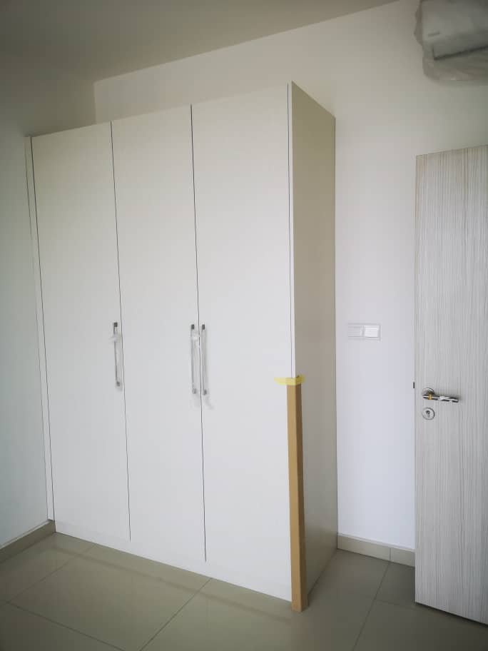 Raw timber panels and custom furniture fabrication materials prepared by Tower Tree Renovation for a residential condo project at Havona Residence in Mount Austin, Johor.