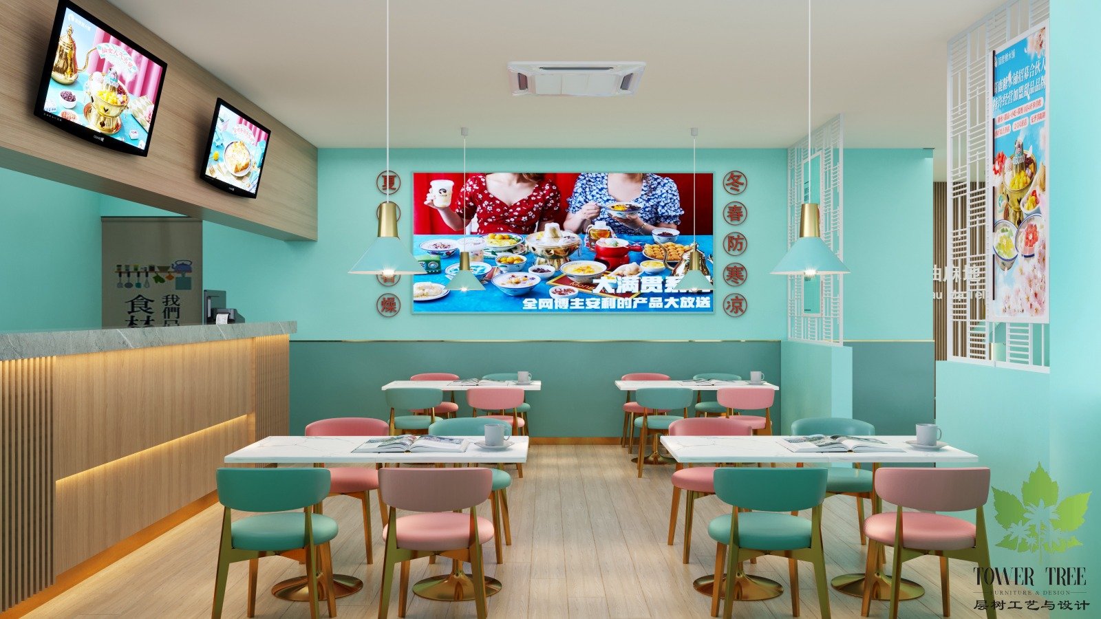 Pastel Hong Kong-style dessert cafe interior with mint-green walls, pink and teal dining chairs, marble-top tables, gold accents, and a custom feature wall, designed and built as a one-stop project by Tower Tree Renovation for Jane Deer Dessert in Johor.