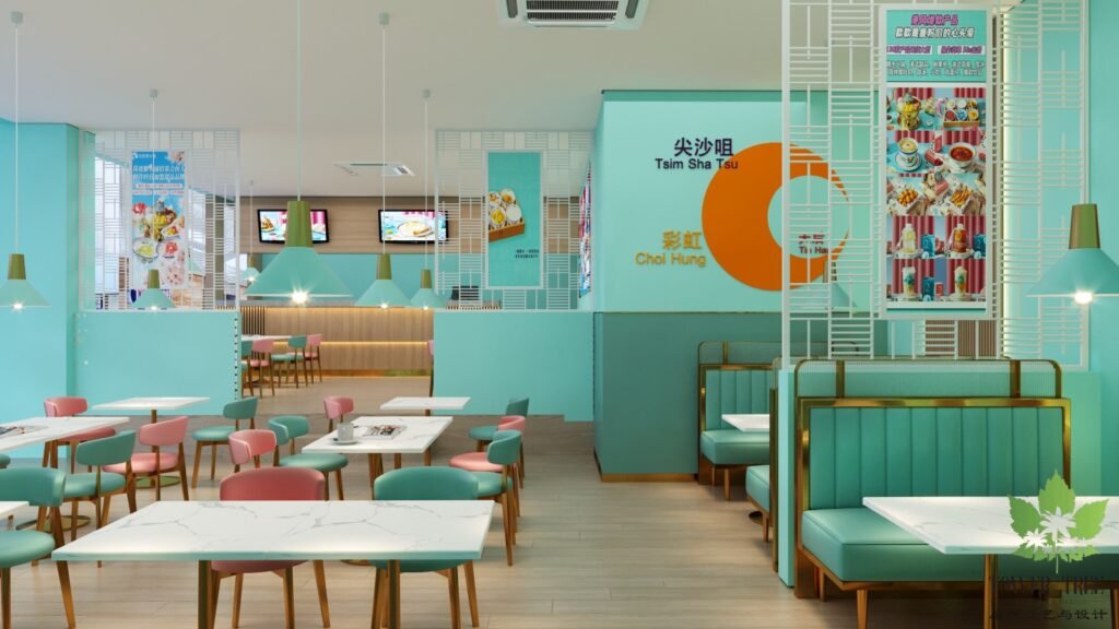 Pastel Hong Kong-style dessert cafe interior with mint-green walls, pink and teal dining chairs, marble-top tables, gold accents, and a custom feature wall, designed and built as a one-stop project by Tower Tree Renovation for Jane Deer Dessert in Johor.