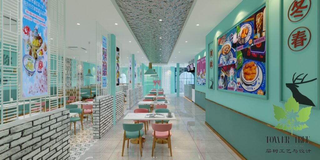 Pastel Hong Kong-style dessert cafe interior with mint-green walls, pink and teal dining chairs, marble-top tables, gold accents, and a custom feature wall, designed and built as a one-stop project by Tower Tree Renovation for Jane Deer Dessert in Johor.
