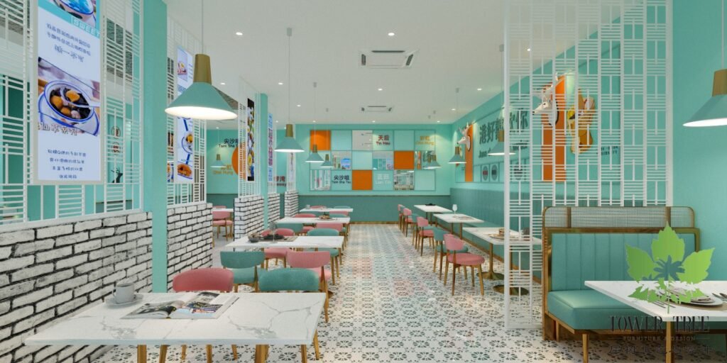 Pastel Hong Kong-style dessert cafe interior with mint-green walls, pink and teal dining chairs, marble-top tables, gold accents, and a custom feature wall, designed and built as a one-stop project by Tower Tree Renovation for Jane Deer Dessert in Johor.