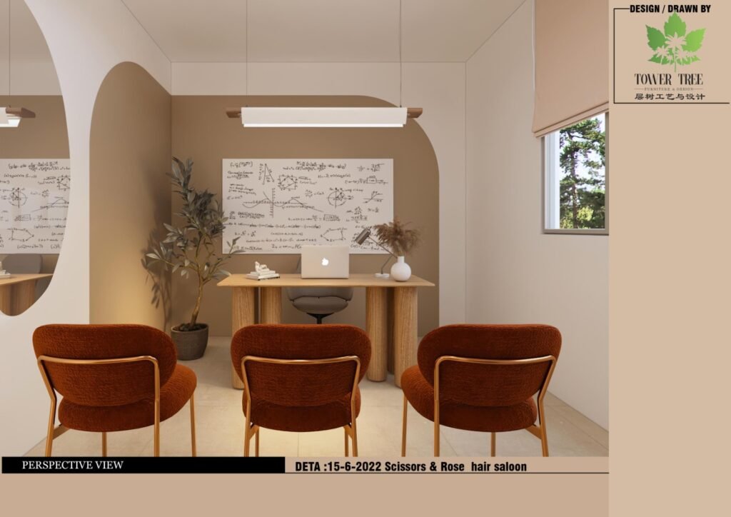 Modern hair salon interior design with a curved microcement reception counter, arched display niches, warm neutral tones, and a comfortable lounge waiting area, designed and built as a one-stop project by Tower Tree Renovation for Scissors & Rose hair salon in Mount Austin, Johor.