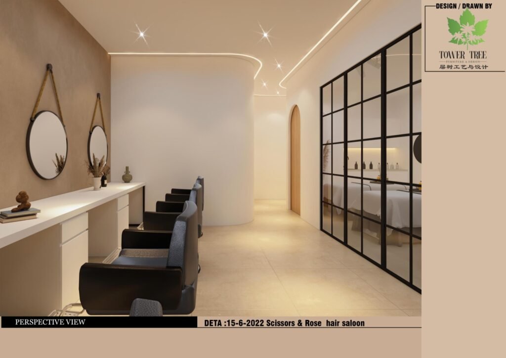 Modern hair salon interior design with a curved microcement reception counter, arched display niches, warm neutral tones, and a comfortable lounge waiting area, designed and built as a one-stop project by Tower Tree Renovation for Scissors & Rose hair salon in Mount Austin, Johor.