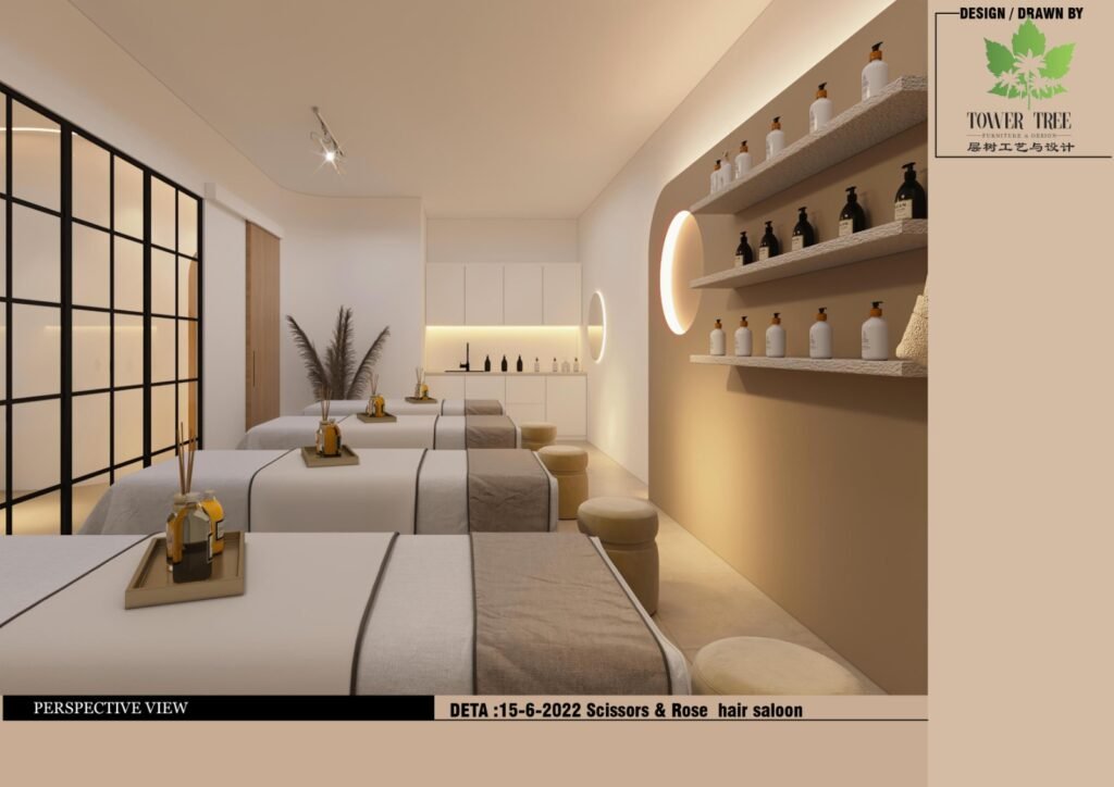 Modern hair salon interior design with a curved microcement reception counter, arched display niches, warm neutral tones, and a comfortable lounge waiting area, designed and built as a one-stop project by Tower Tree Renovation for Scissors & Rose hair salon in Mount Austin, Johor.