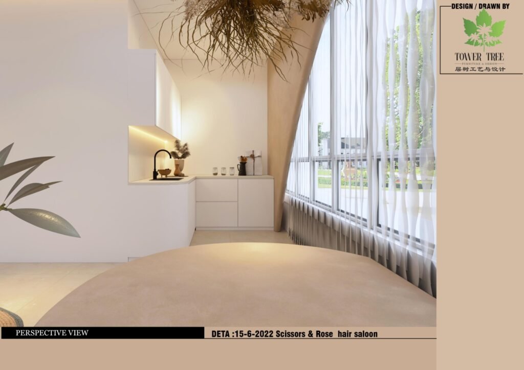 Modern hair salon interior design with a curved microcement reception counter, arched display niches, warm neutral tones, and a comfortable lounge waiting area, designed and built as a one-stop project by Tower Tree Renovation for Scissors & Rose hair salon in Mount Austin, Johor.
