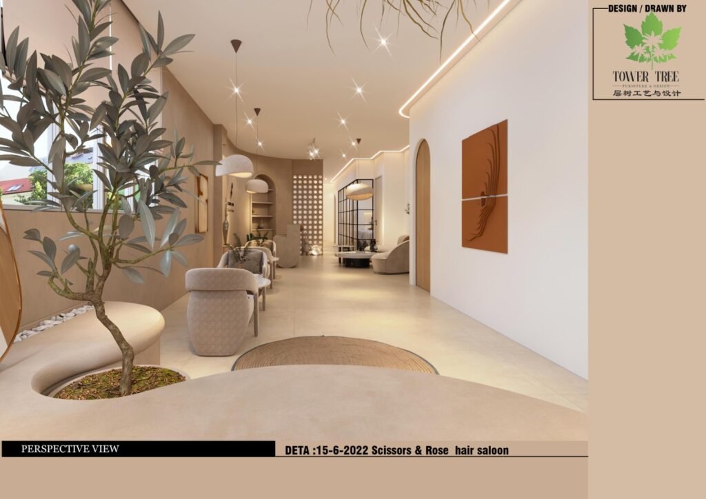 Modern hair salon interior design with a curved microcement reception counter, arched display niches, warm neutral tones, and a comfortable lounge waiting area, designed and built as a one-stop project by Tower Tree Renovation for Scissors & Rose hair salon in Mount Austin, Johor.