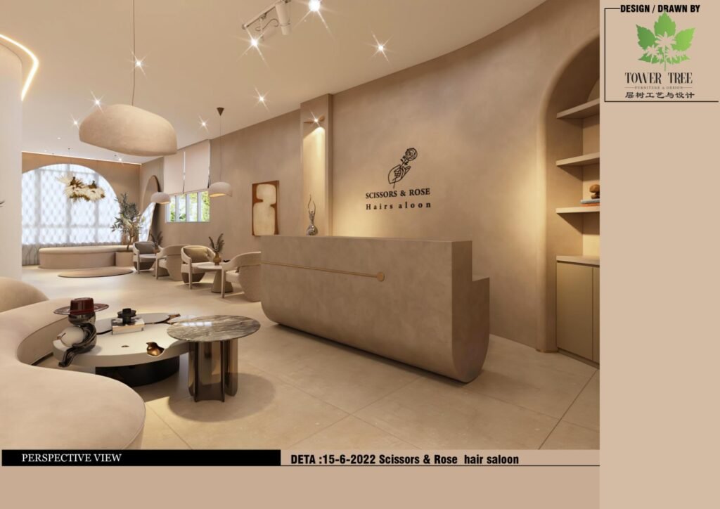 Modern hair salon interior design with a curved microcement reception counter, arched display niches, warm neutral tones, and a comfortable lounge waiting area, designed and built as a one-stop project by Tower Tree Renovation for Scissors & Rose hair salon in Mount Austin, Johor.