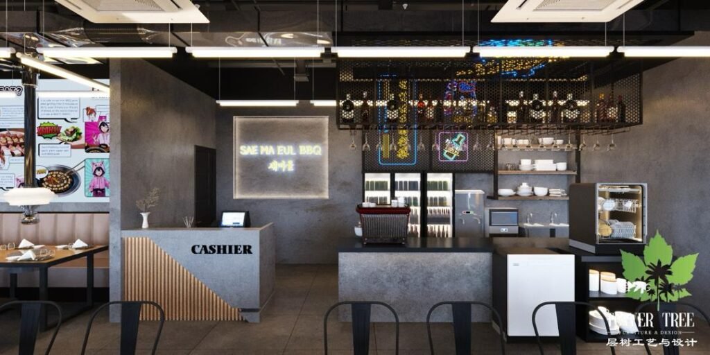 Modern Korean BBQ restaurant dining area with custom banquette seating, overhead exhaust hoods, and graphic wall art designed and renovated by Tower Tree Renovation for Sae Ma Eul BBQ in Austin Crest, Johor.