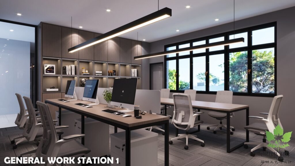 Complete one-stop commercial office renovation and interior fit-out completed by Tower Tree Renovation for Turcomp office, including partition, ceiling, lighting, flooring, and custom furniture.