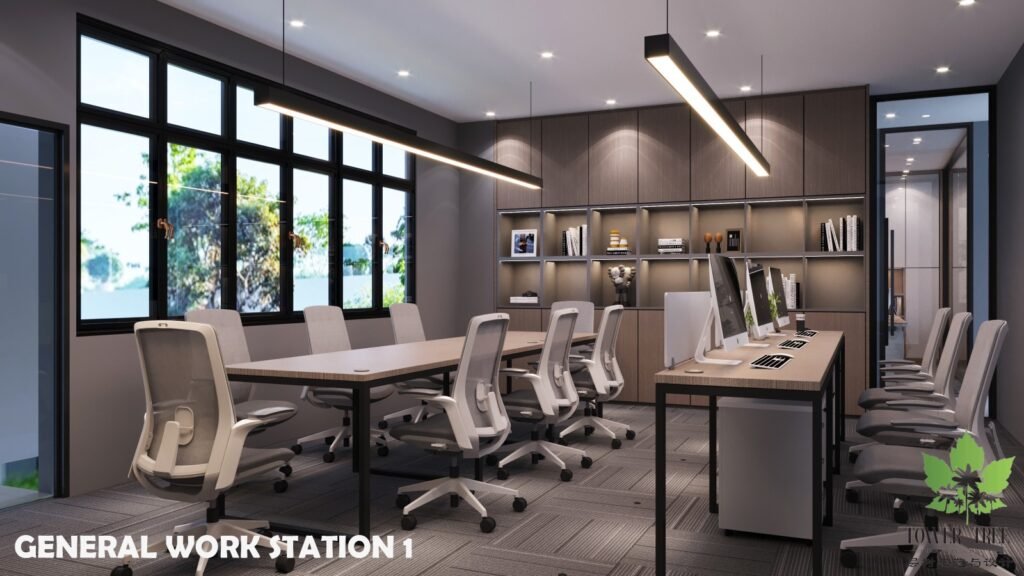 Complete one-stop commercial office renovation and interior fit-out completed by Tower Tree Renovation for Turcomp office, including partition, ceiling, lighting, flooring, and custom furniture.