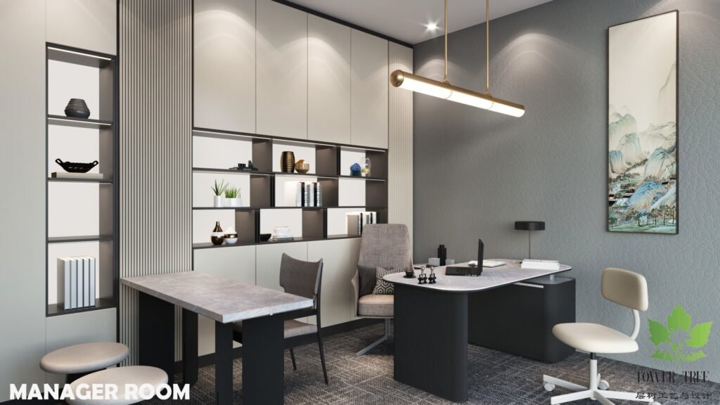 Complete one-stop commercial office renovation and interior fit-out completed by Tower Tree Renovation for Turcomp office, including partition, ceiling, lighting, flooring, and custom furniture.