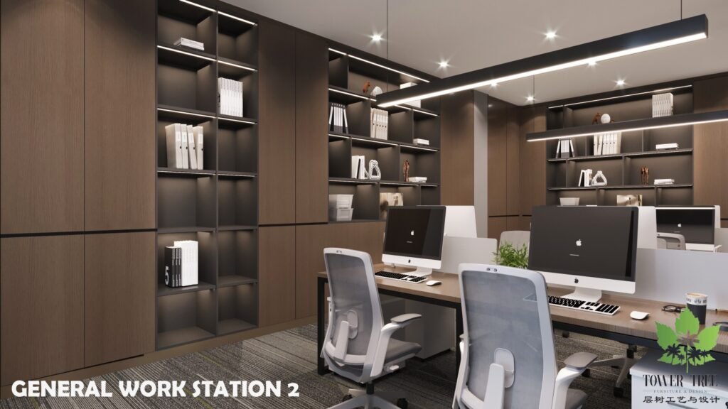 Complete one-stop commercial office renovation and interior fit-out completed by Tower Tree Renovation for Turcomp office, including partition, ceiling, lighting, flooring, and custom furniture.