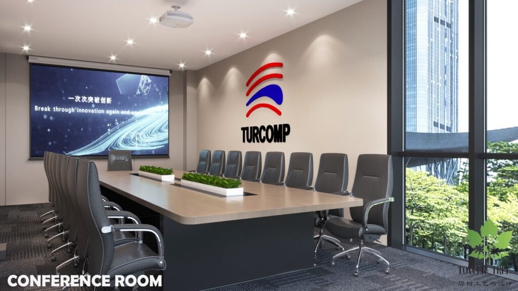Complete one-stop commercial office renovation and interior fit-out completed by Tower Tree Renovation for Turcomp office, including partition, ceiling, lighting, flooring, and custom furniture.