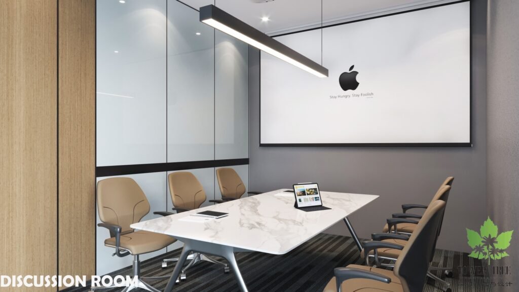 Complete one-stop commercial office renovation and interior fit-out completed by Tower Tree Renovation for Turcomp office, including partition, ceiling, lighting, flooring, and custom furniture.