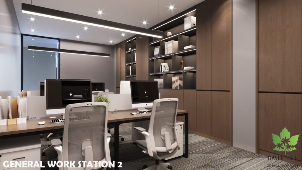 Complete one-stop commercial office renovation and interior fit-out completed by Tower Tree Renovation for Turcomp office, including partition, ceiling, lighting, flooring, and custom furniture.