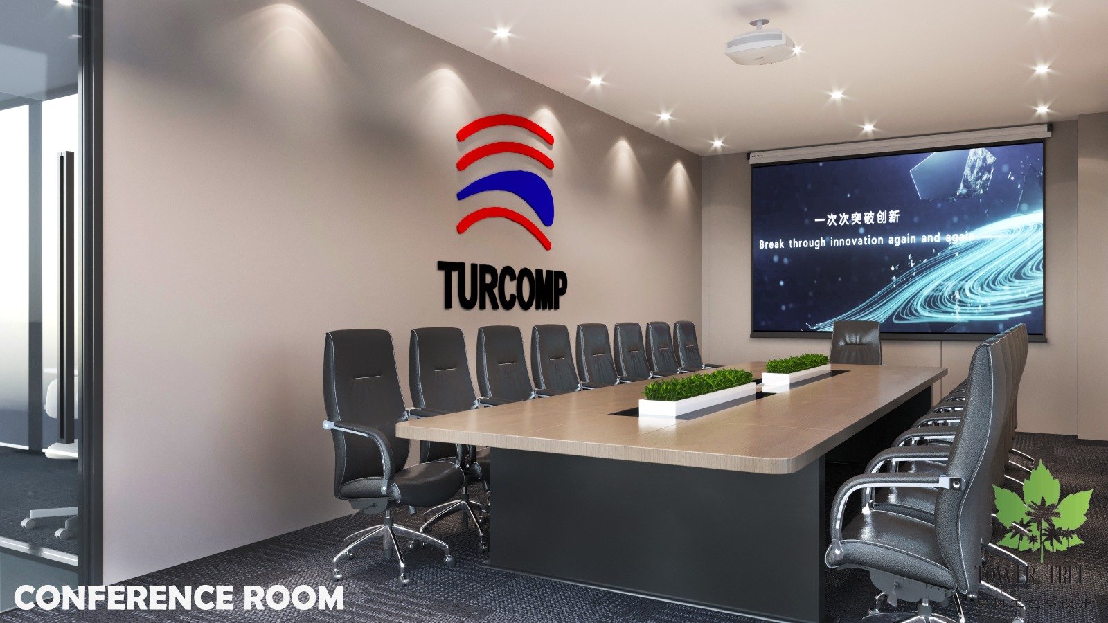Complete one-stop commercial office renovation and interior fit-out completed by Tower Tree Renovation for Turcomp office, including partition, ceiling, lighting, flooring, and custom furniture.
