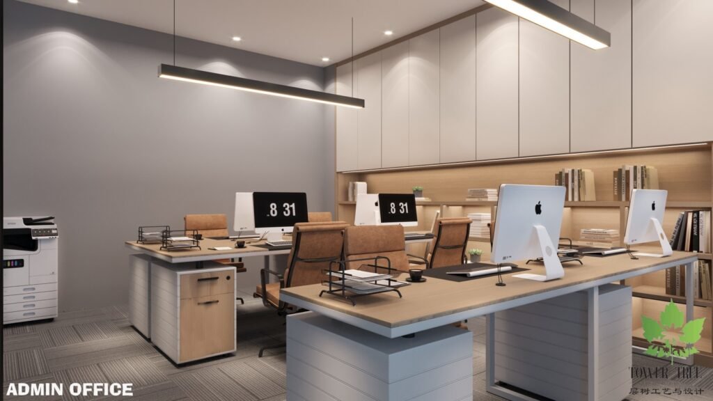 Complete one-stop commercial office renovation and interior fit-out completed by Tower Tree Renovation for Turcomp office, including partition, ceiling, lighting, flooring, and custom furniture.