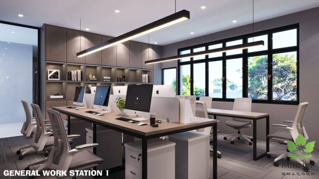 Complete one-stop commercial office renovation and interior fit-out completed by Tower Tree Renovation for Turcomp office, including partition, ceiling, lighting, flooring, and custom furniture.