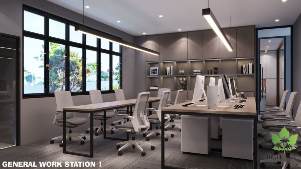 Complete one-stop commercial office renovation and interior fit-out completed by Tower Tree Renovation for Turcomp office, including partition, ceiling, lighting, flooring, and custom furniture.