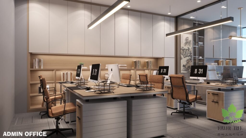 Complete one-stop commercial office renovation and interior fit-out completed by Tower Tree Renovation for Turcomp office, including partition, ceiling, lighting, flooring, and custom furniture.