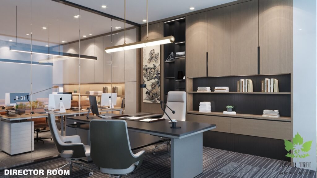Complete one-stop commercial office renovation and interior fit-out completed by Tower Tree Renovation for Turcomp office, including partition, ceiling, lighting, flooring, and custom furniture.