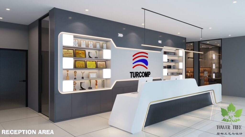 Complete one-stop commercial office renovation and interior fit-out completed by Tower Tree Renovation for Turcomp office, including partition, ceiling, lighting, flooring, and custom furniture.