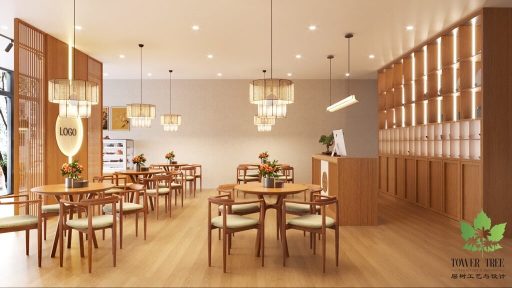 Custom fluted wooden feature wall with illuminated logo backdrop and glass bakery display counters built by Tower Tree Renovation for a premium confectionery shop in Johor Bahru.
