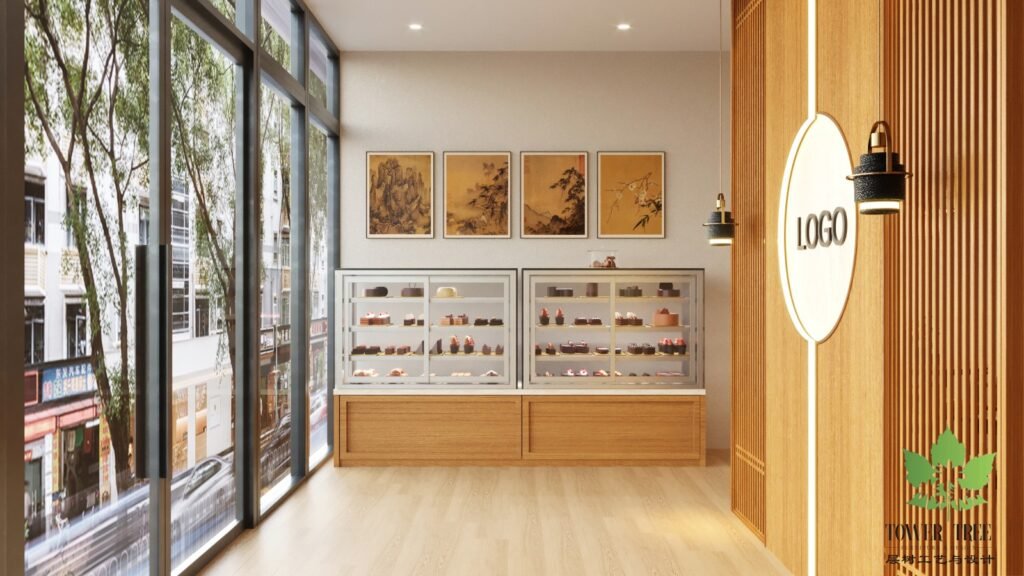 Custom fluted wooden feature wall with illuminated logo backdrop and glass bakery display counters built by Tower Tree Renovation for a premium confectionery shop in Johor Bahru.