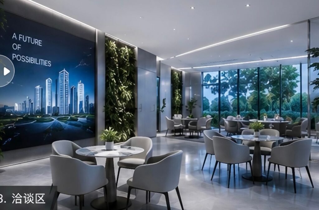 Modern property developer sales gallery lounge and discussion area featuring custom LED feature walls, vertical green panels, and luxury commercial lighting installed by Tower Tree Renovation in Johor.