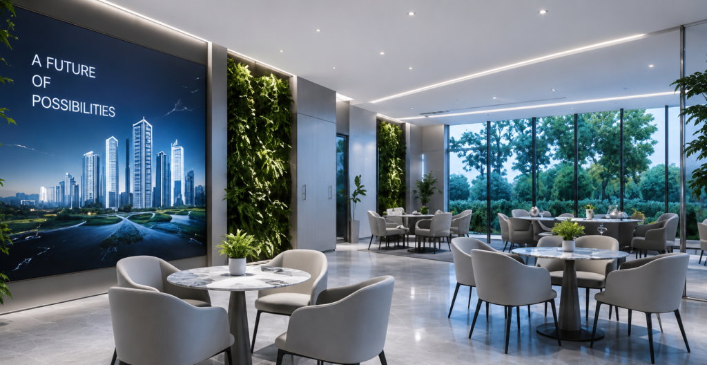 Modern property developer sales gallery lounge and discussion area featuring custom LED feature walls, vertical green panels, and luxury commercial lighting installed by Tower Tree Renovation in Johor.