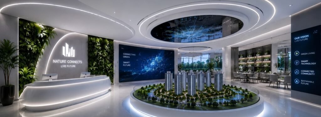 Modern property developer sales gallery lounge and discussion area featuring custom LED feature walls, vertical green panels, and luxury commercial lighting installed by Tower Tree Renovation in Johor.