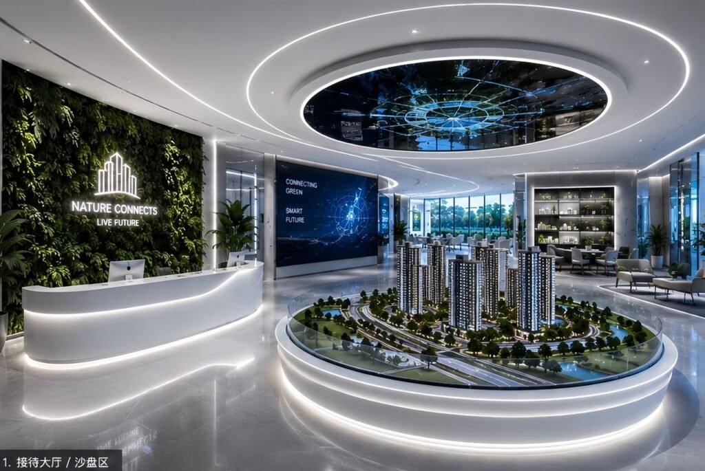 Modern property developer sales gallery lounge and discussion area featuring custom LED feature walls, vertical green panels, and luxury commercial lighting installed by Tower Tree Renovation in Johor.