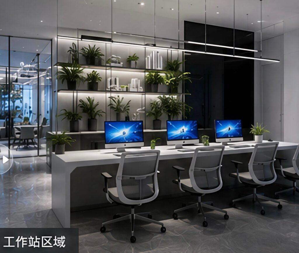 Modern property developer sales gallery lounge and discussion area featuring custom LED feature walls, vertical green panels, and luxury commercial lighting installed by Tower Tree Renovation in Johor.